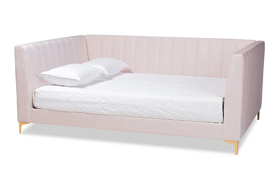 Baxton Studio Oksana Modern Contemporary Glam and Luxe Light Pink Velvet Fabric Upholstered and Gold Finished Full Size Daybed