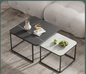 Black Iron & Marble Top Square Nesting Table | Center Coffee Table For Living Room