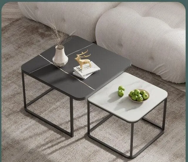 Black Iron & Marble Top Square Nesting Table | Center Coffee Table For Living Room