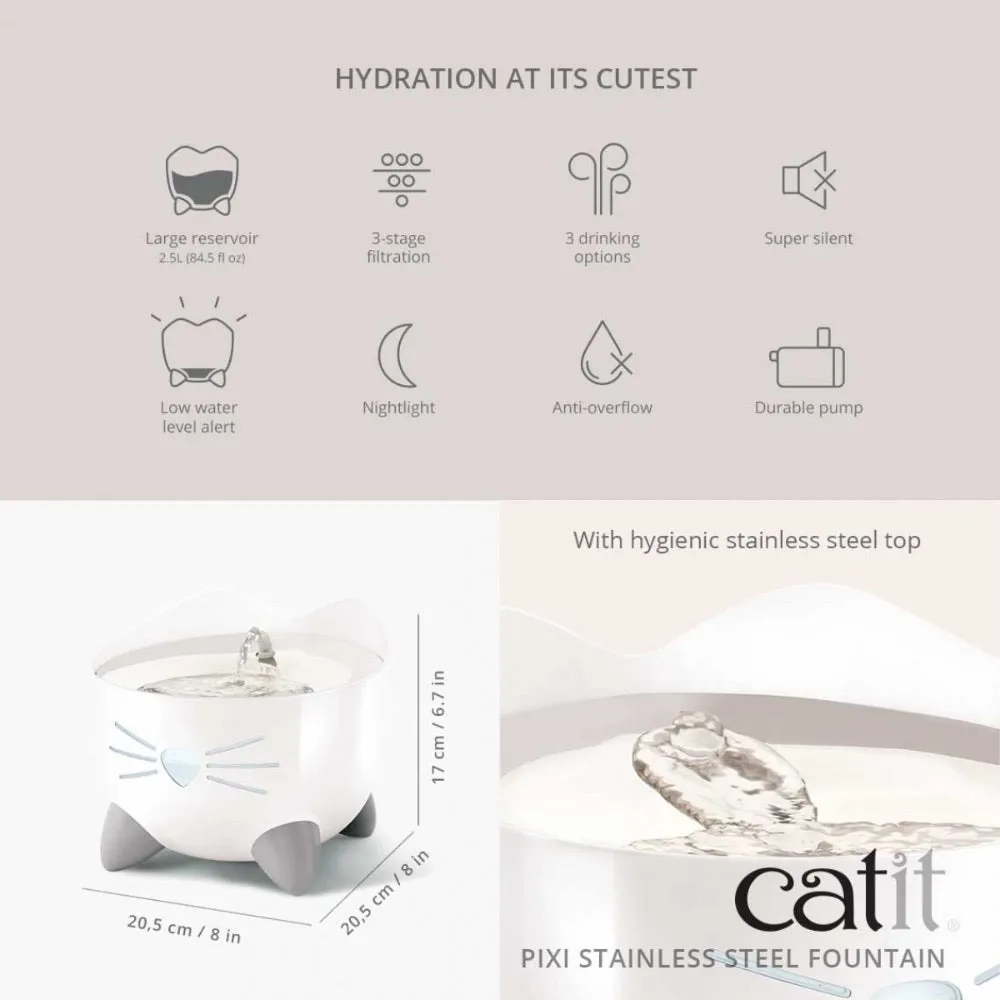 Catit Pixi Drinking Fountain Stainless Steel White 2.5L