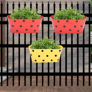 ECO FYND - Oval Polka Dot Balcony Railing Metal Planter with Detachable Handle ( Pack of 3, 12x6x5)