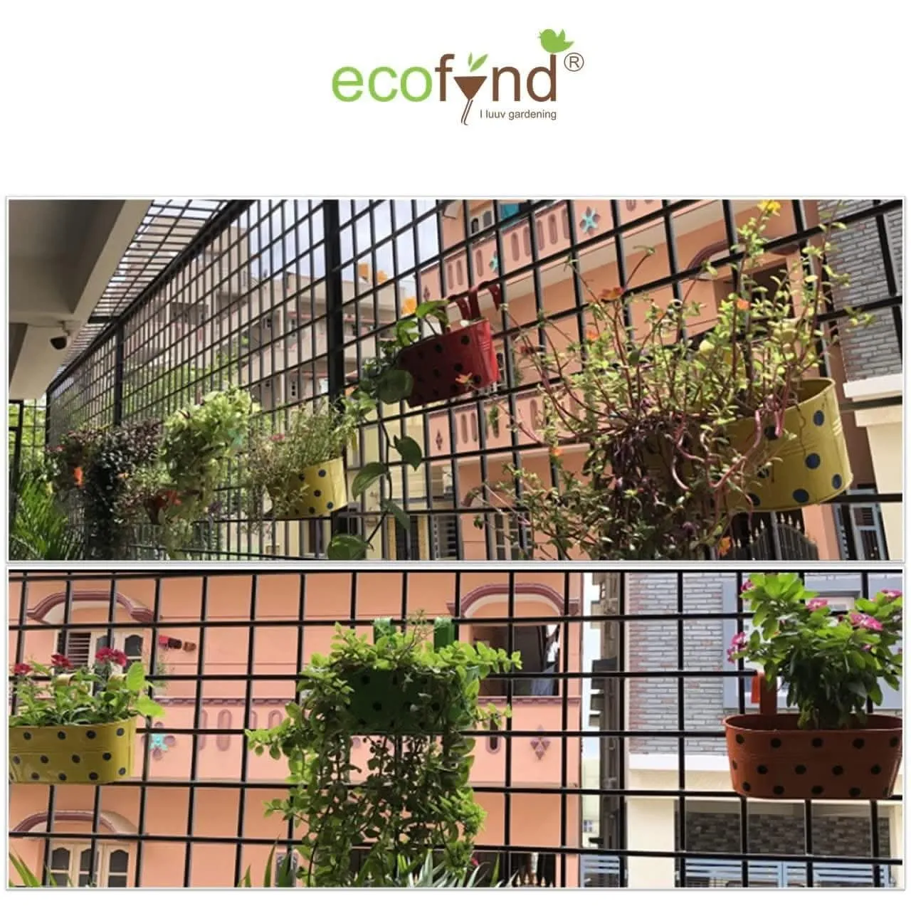 ECO FYND - Oval Polka Dot Balcony Railing Metal Planter with Detachable Handle ( Pack of 3, 12x6x5)