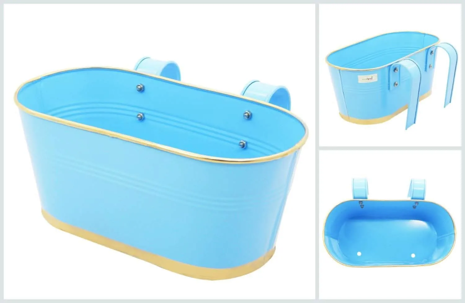 ecofynd 12 Inches Balcony Railing Planter, Hanging Flower Pots for Grills, Home Gardening Outdoor Oval Rectangular Metal Plant Pots, Pack of 6 (Sky Blue)
