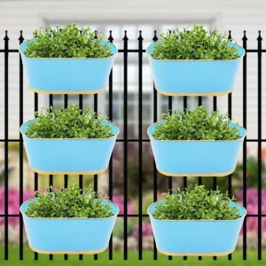 ecofynd 12 Inches Balcony Railing Planter, Hanging Flower Pots for Grills, Home Gardening Outdoor Oval Rectangular Metal Plant Pots, Pack of 6 (Sky Blue)