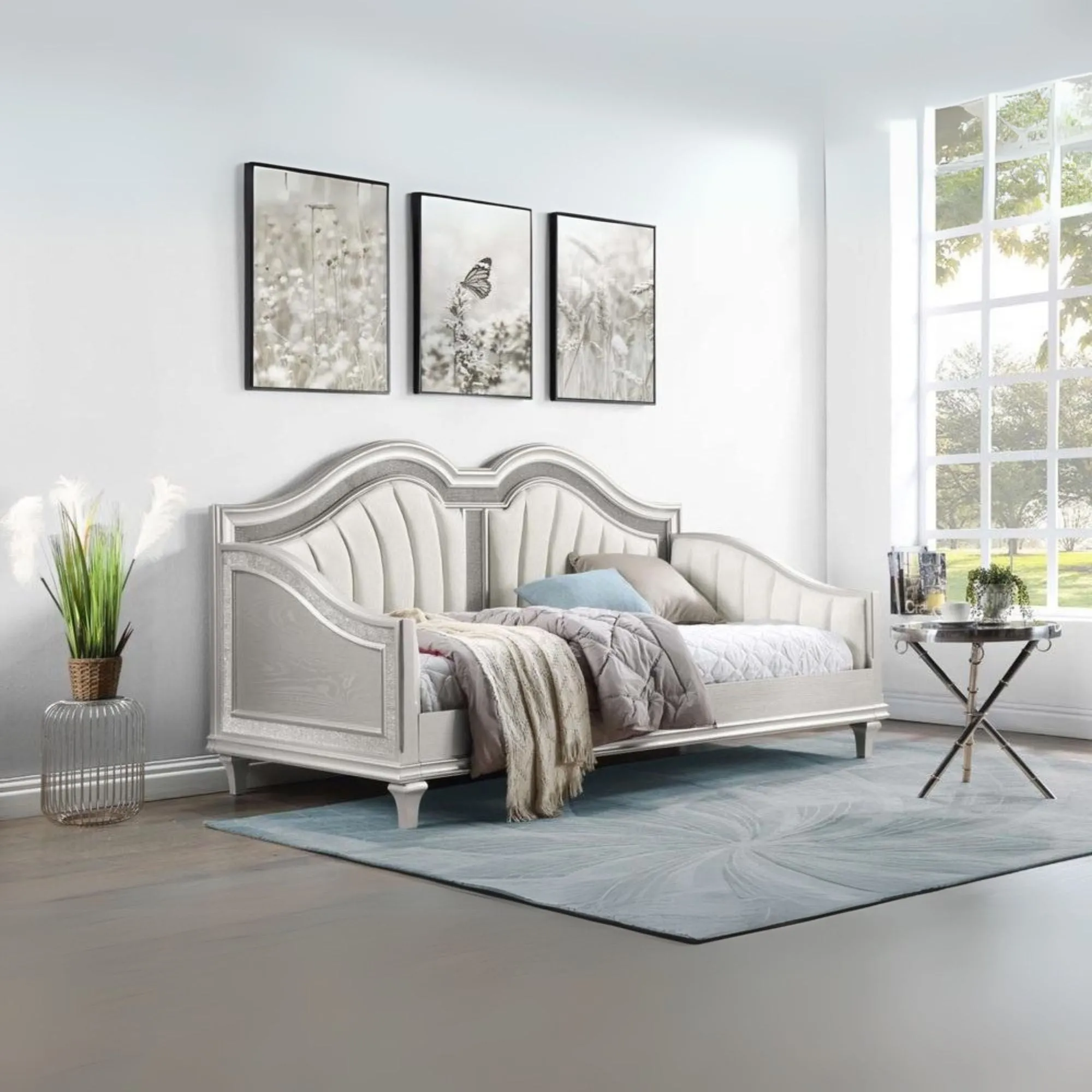 Evangeline Upholstered Twin Daybed with Faux Diamond Trim Silver and Ivory