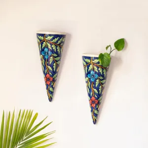 'Floral Cones' Handpainted Wall Planter Pots In Ceramic (Set of 2)