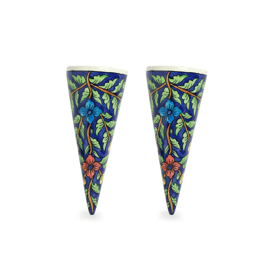 'Floral Cones' Handpainted Wall Planter Pots In Ceramic (Set of 2)