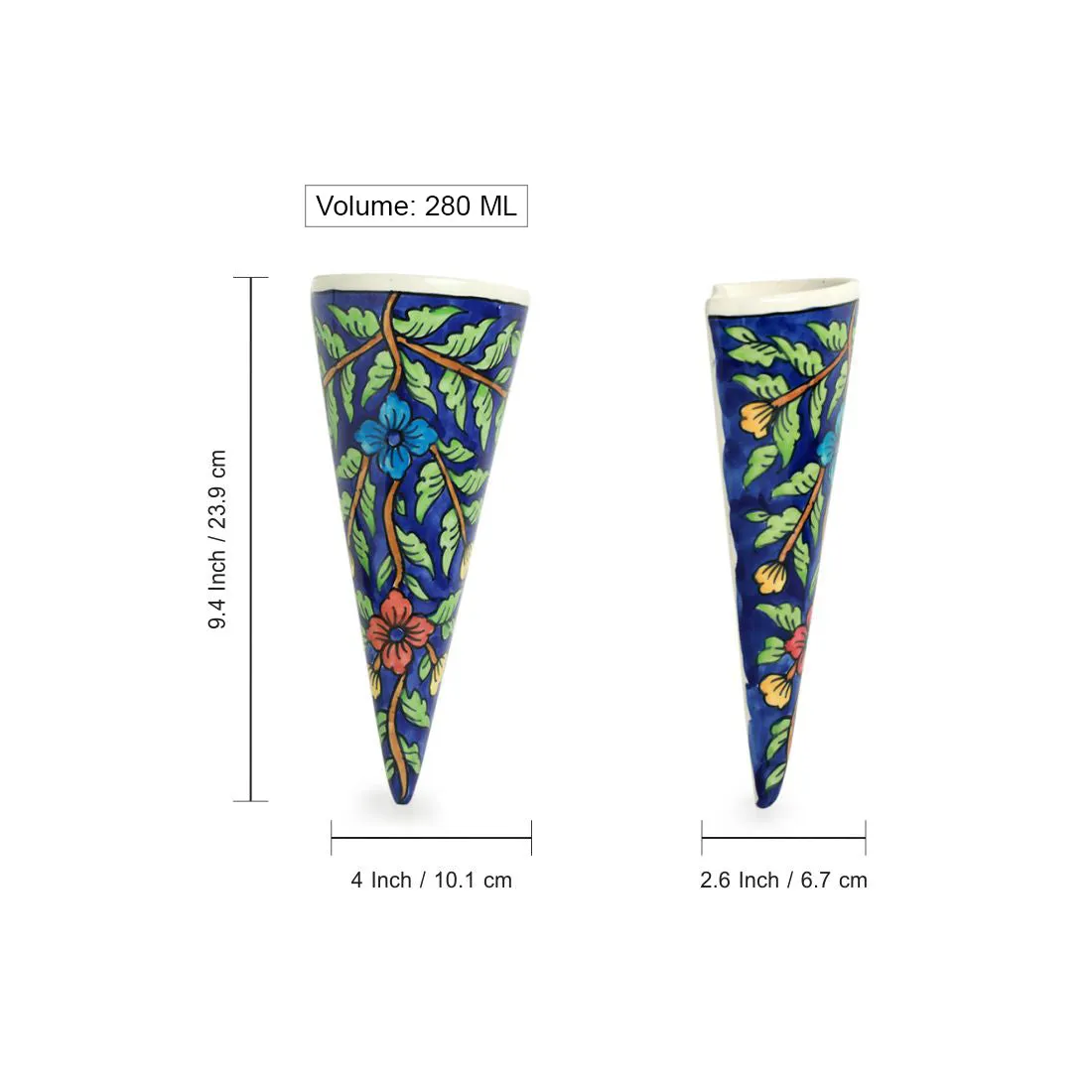 'Floral Cones' Handpainted Wall Planter Pots In Ceramic (Set of 2)