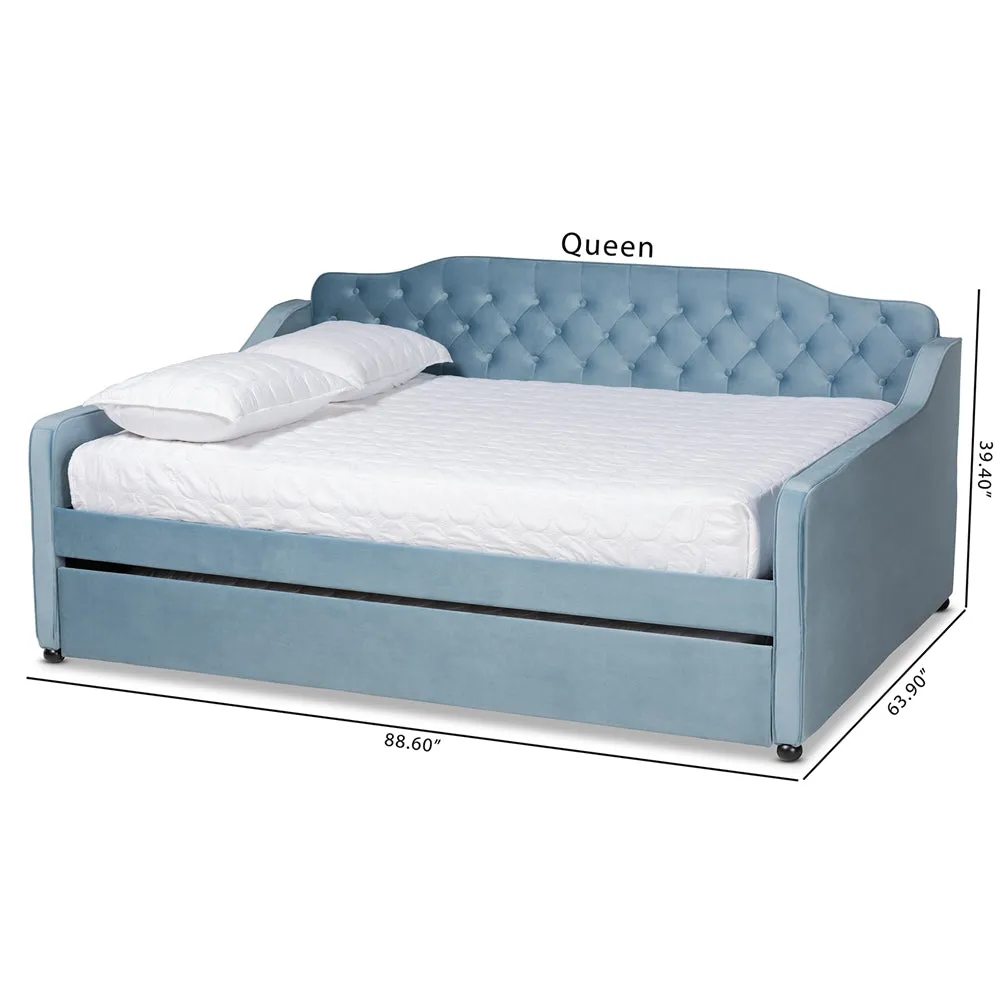 Freda Grey Velvet Fabric and Button Tufted Queen Size Daybed with Trundle