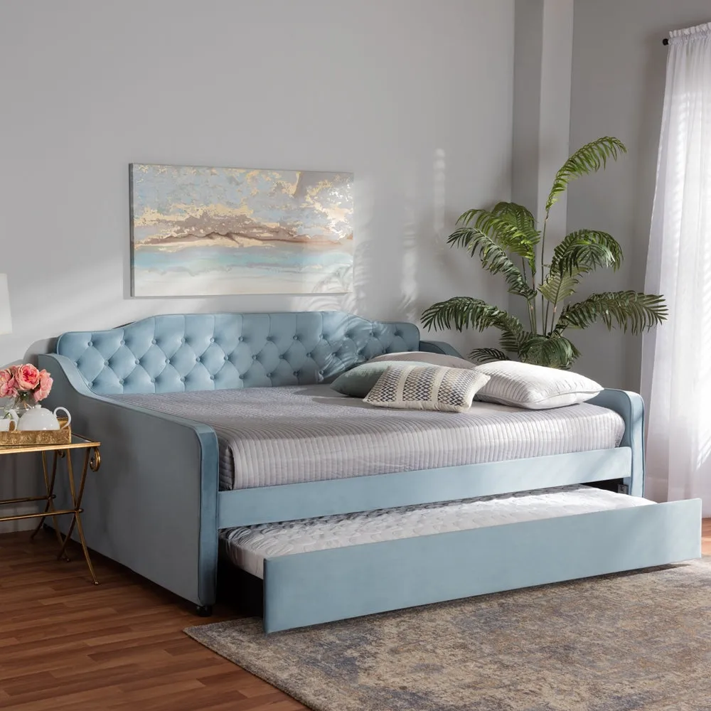Freda Grey Velvet Fabric and Button Tufted Queen Size Daybed with Trundle