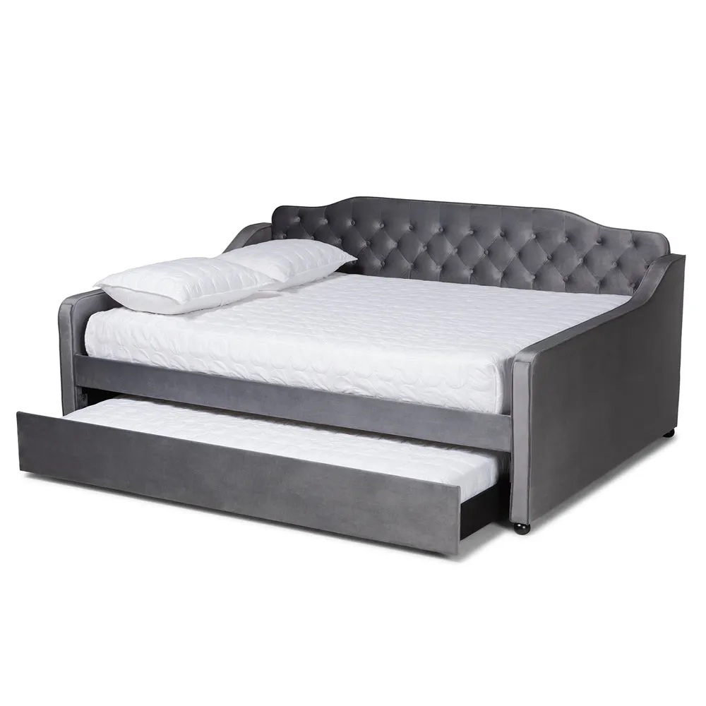 Freda Grey Velvet Fabric and Button Tufted Queen Size Daybed with Trundle