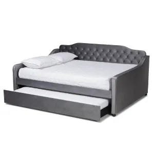 Freda Grey Velvet Fabric and Button Tufted Queen Size Daybed with Trundle