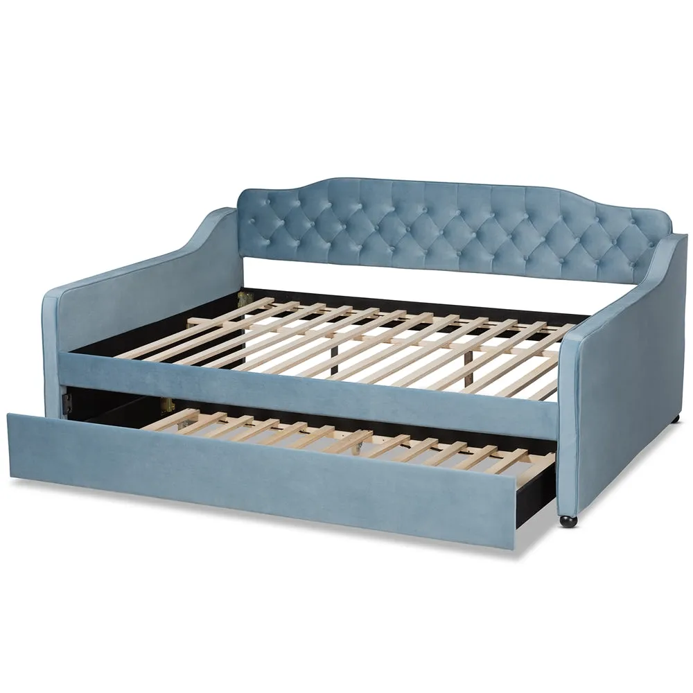 Freda Grey Velvet Fabric and Button Tufted Queen Size Daybed with Trundle