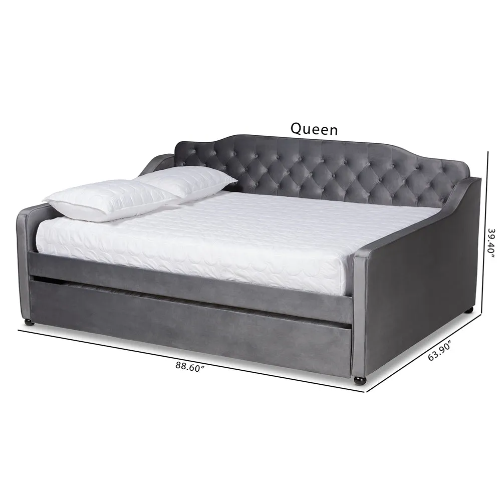 Freda Grey Velvet Fabric and Button Tufted Queen Size Daybed with Trundle