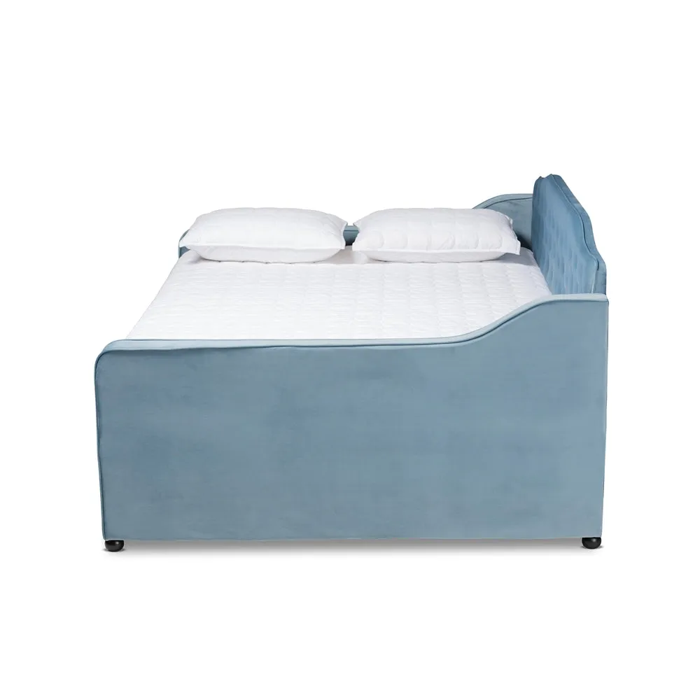 Freda Grey Velvet Fabric and Button Tufted Queen Size Daybed with Trundle