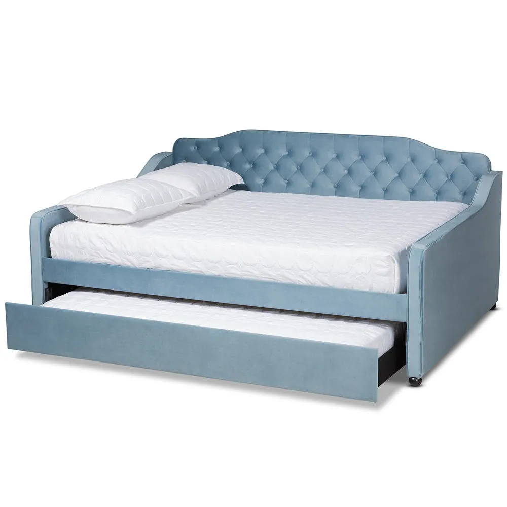 Freda Grey Velvet Fabric and Button Tufted Queen Size Daybed with Trundle
