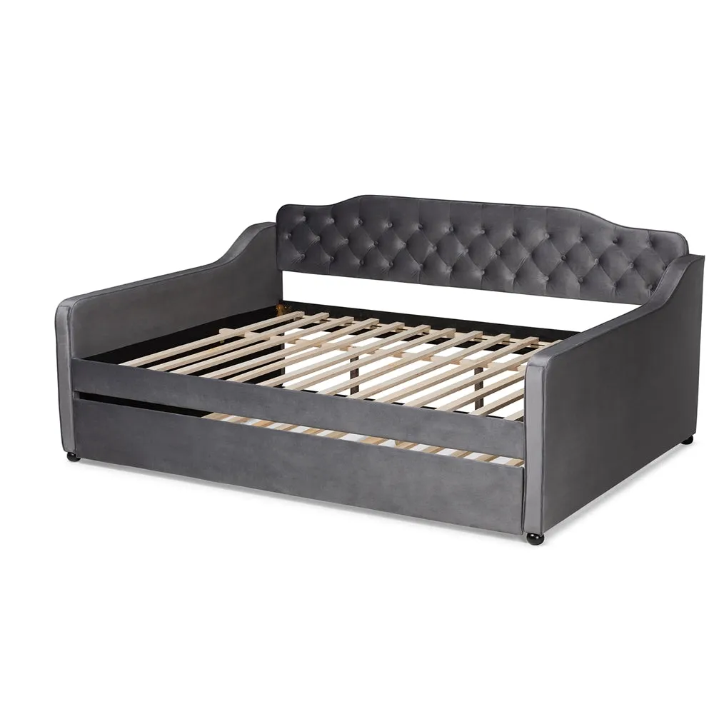 Freda Grey Velvet Fabric and Button Tufted Queen Size Daybed with Trundle