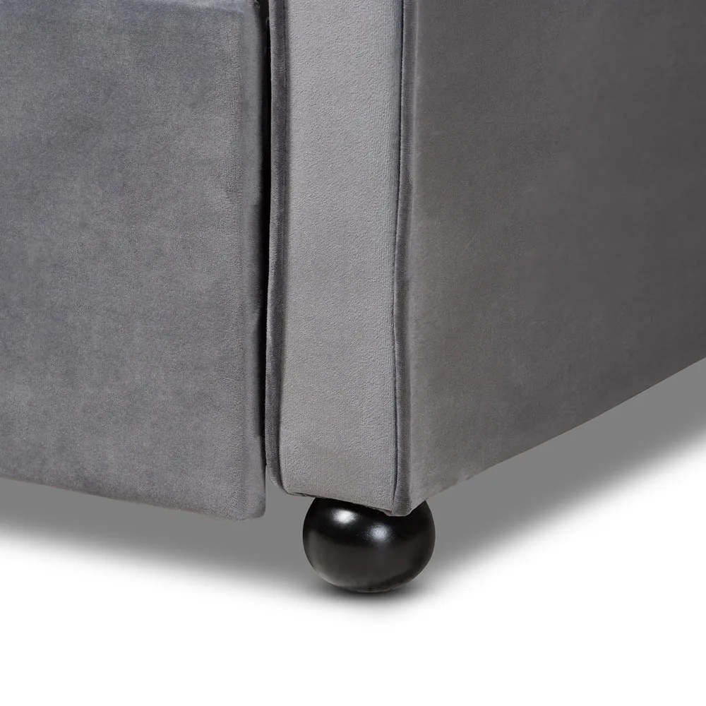 Freda Grey Velvet Fabric and Button Tufted Queen Size Daybed with Trundle