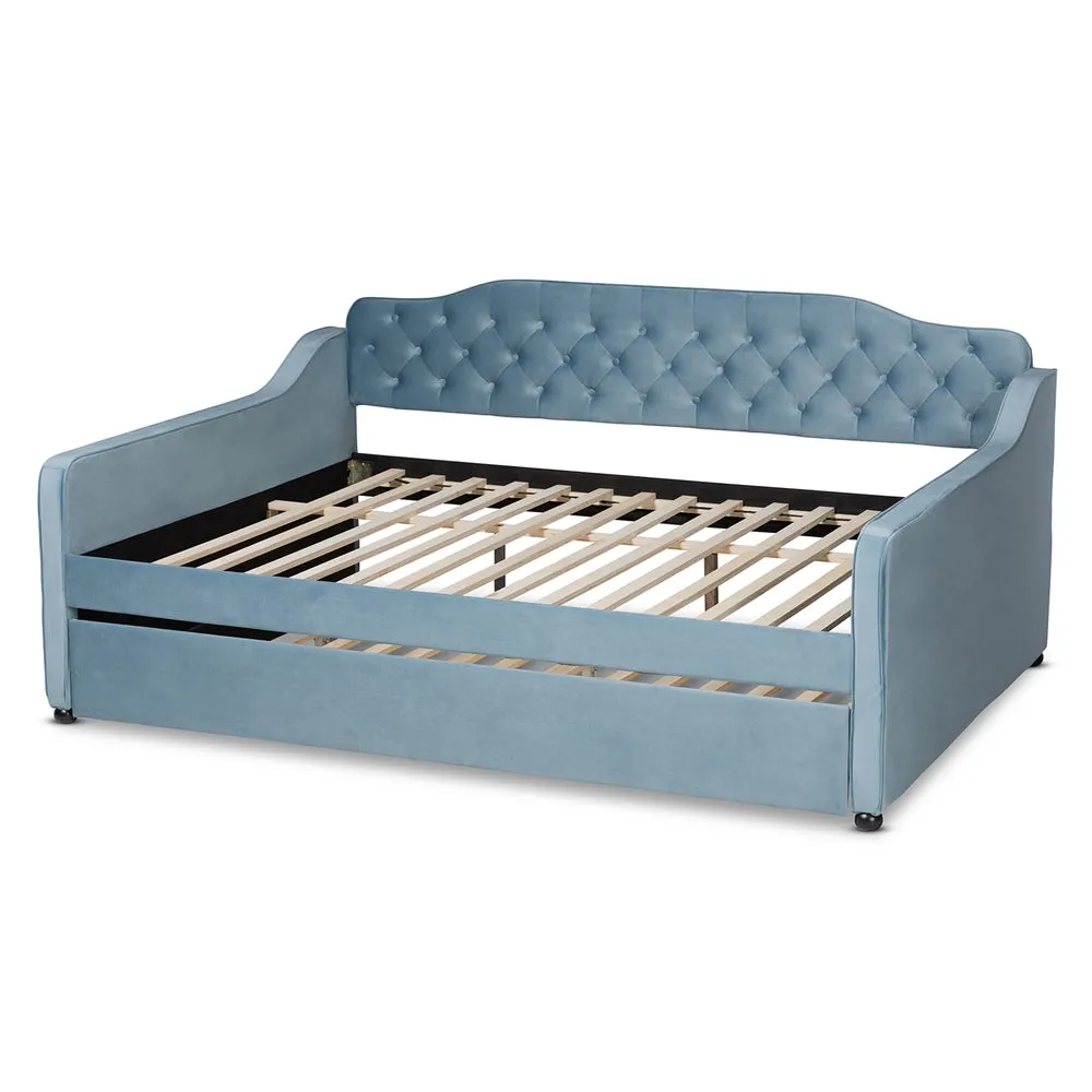 Freda Grey Velvet Fabric and Button Tufted Queen Size Daybed with Trundle