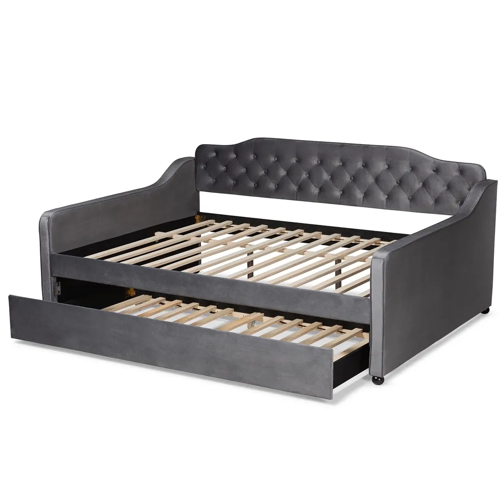 Freda Grey Velvet Fabric and Button Tufted Queen Size Daybed with Trundle