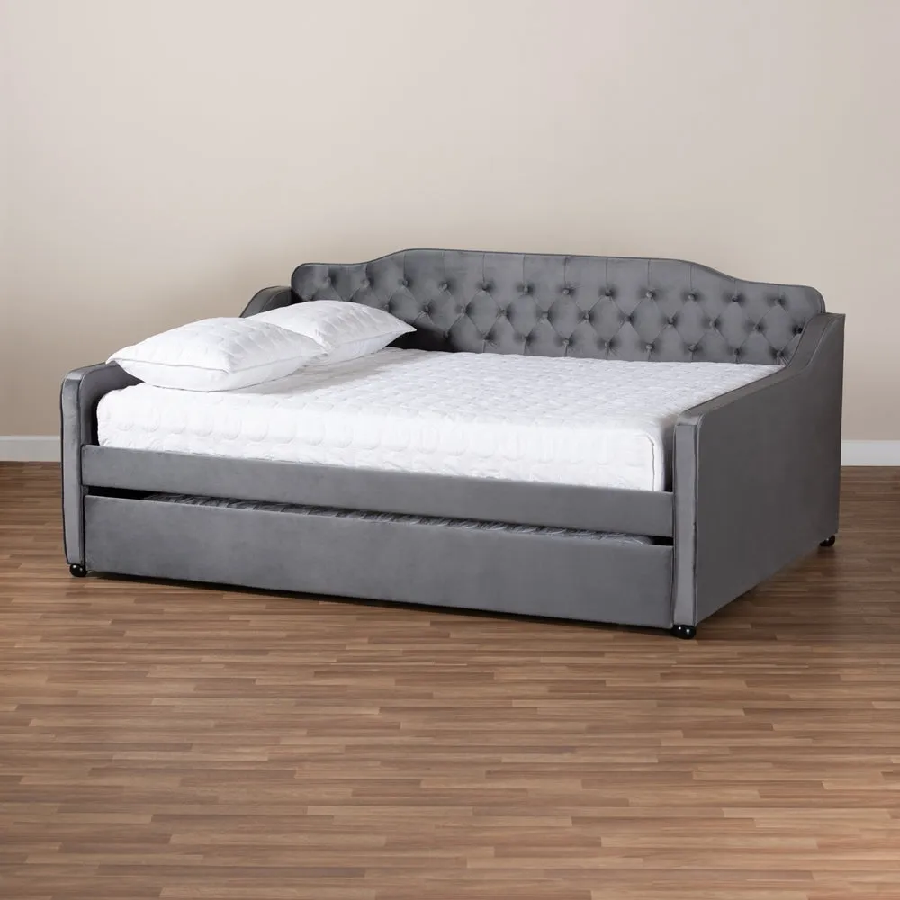 Freda Grey Velvet Fabric and Button Tufted Queen Size Daybed with Trundle