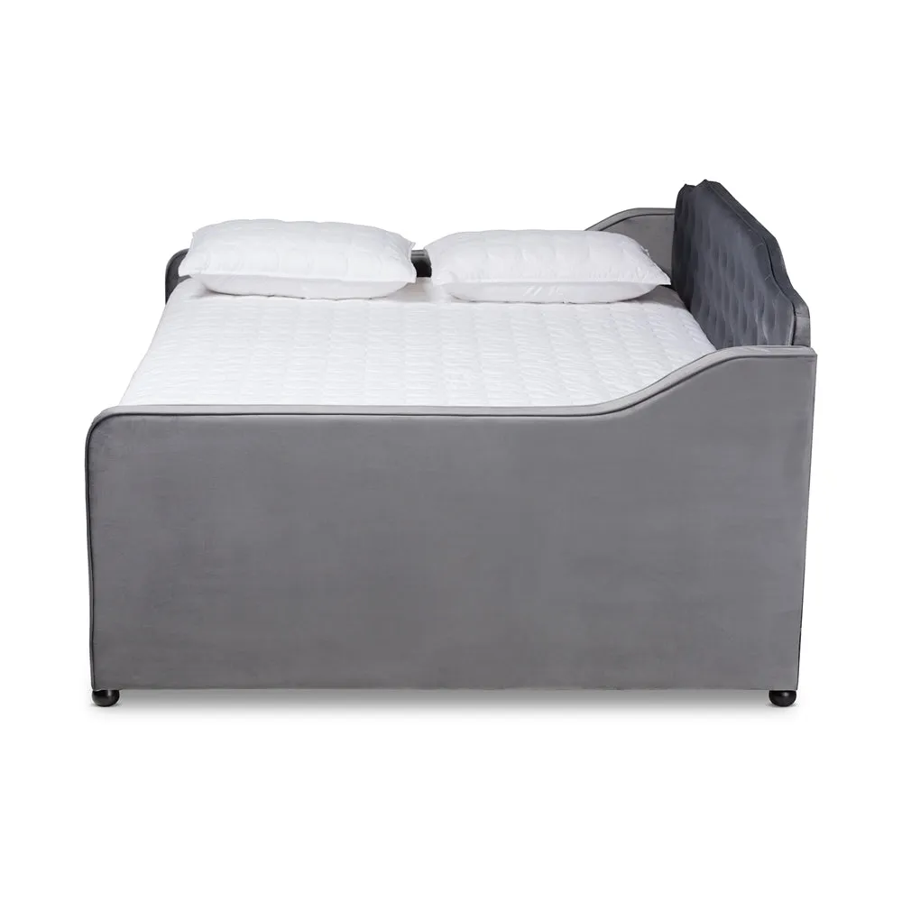 Freda Grey Velvet Fabric and Button Tufted Queen Size Daybed with Trundle