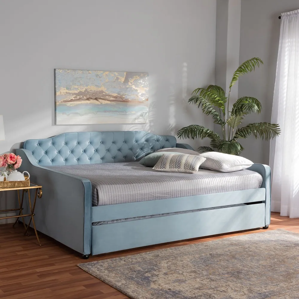 Freda Grey Velvet Fabric and Button Tufted Queen Size Daybed with Trundle