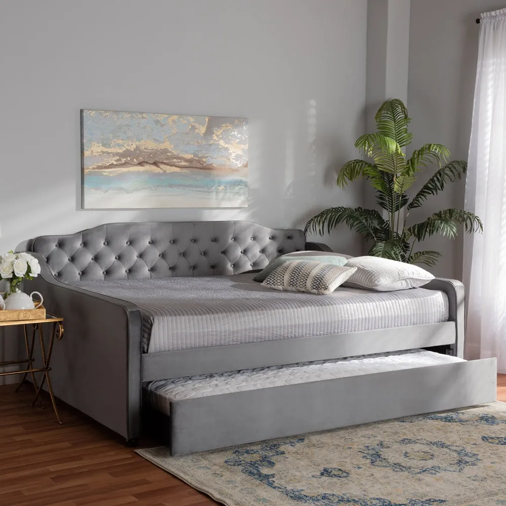 Freda Grey Velvet Fabric and Button Tufted Queen Size Daybed with Trundle