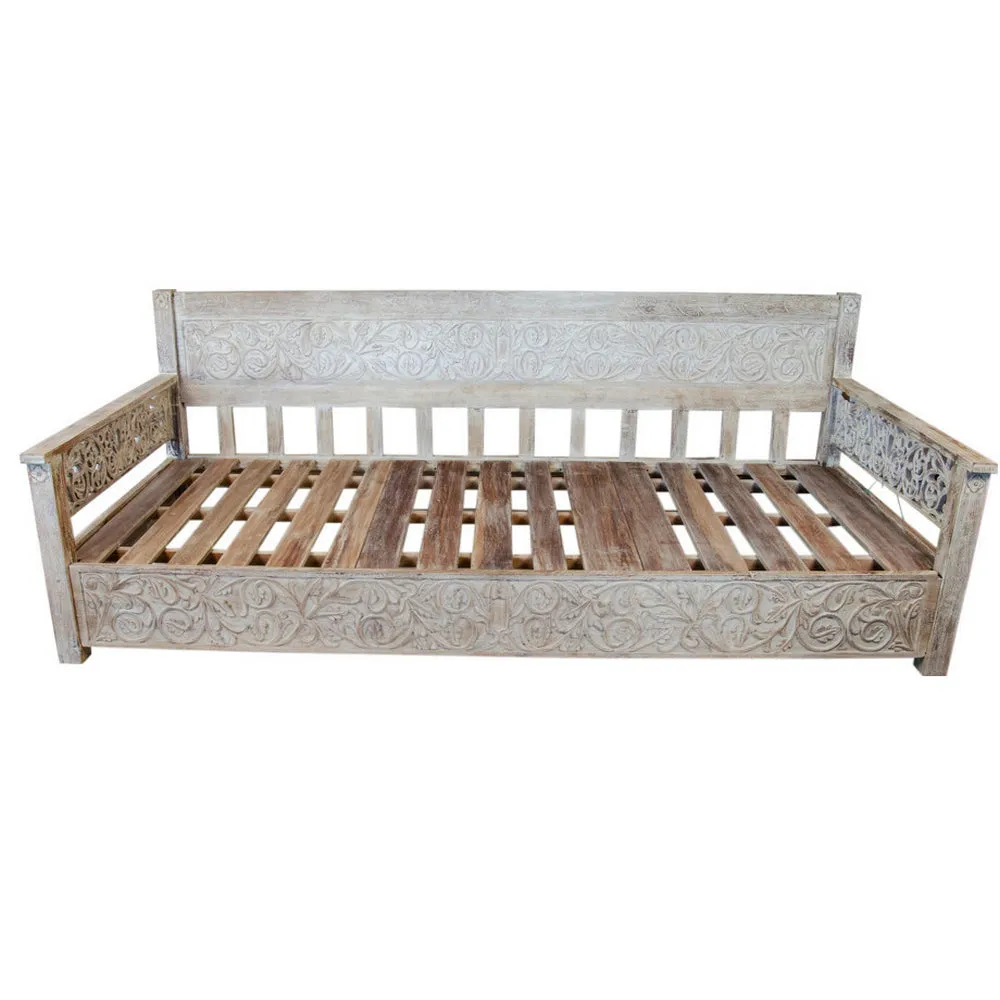 Indian Wooden Carved Whitewash Daybed - 8-Foot