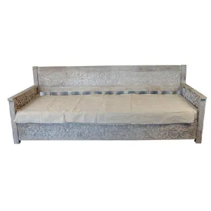 Indian Wooden Carved Whitewash Daybed - 8-Foot