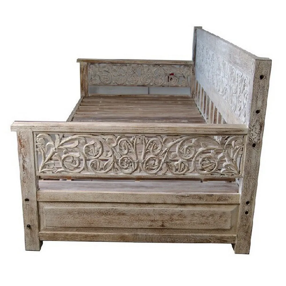 Indian Wooden Carved Whitewash Daybed - 8-Foot