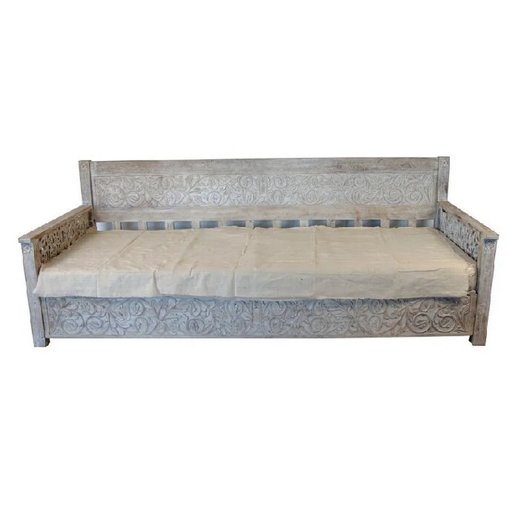 Indian Wooden Carved Whitewash Daybed - 8-Foot