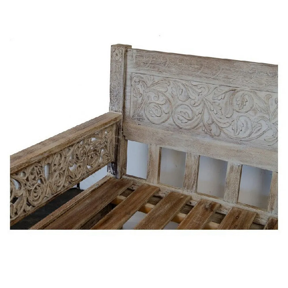 Indian Wooden Carved Whitewash Daybed - 8-Foot