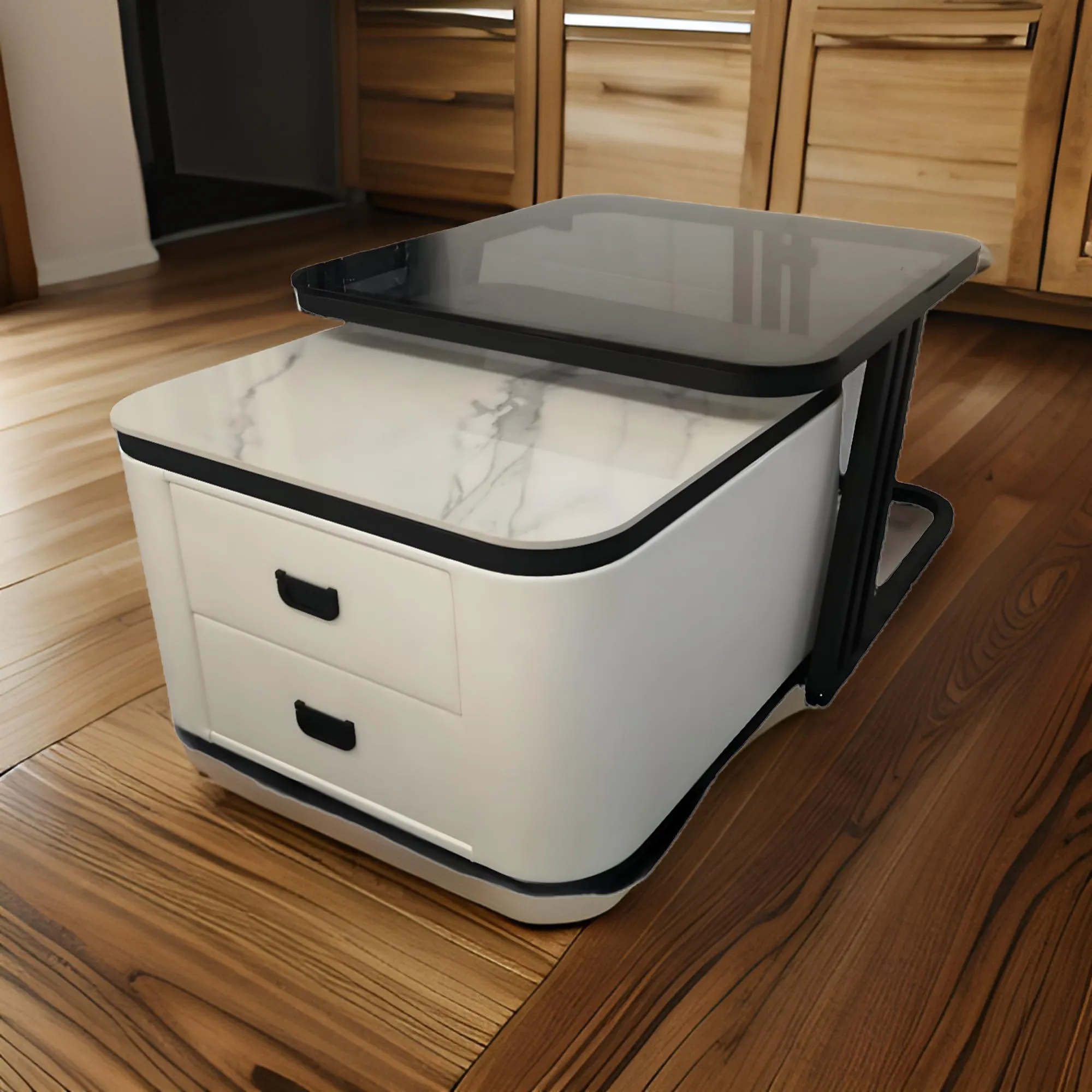 Luxury Nesting Square Glass Top Coffee Table With Marble Top Drawer Table