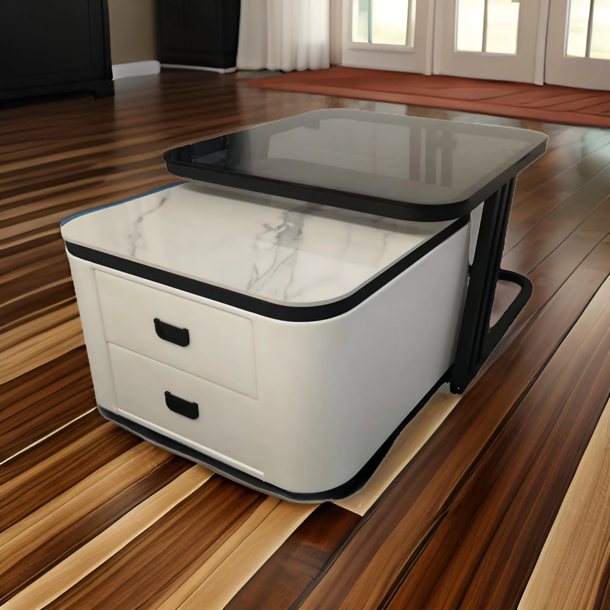 Luxury Nesting Square Glass Top Coffee Table With Marble Top Drawer Table