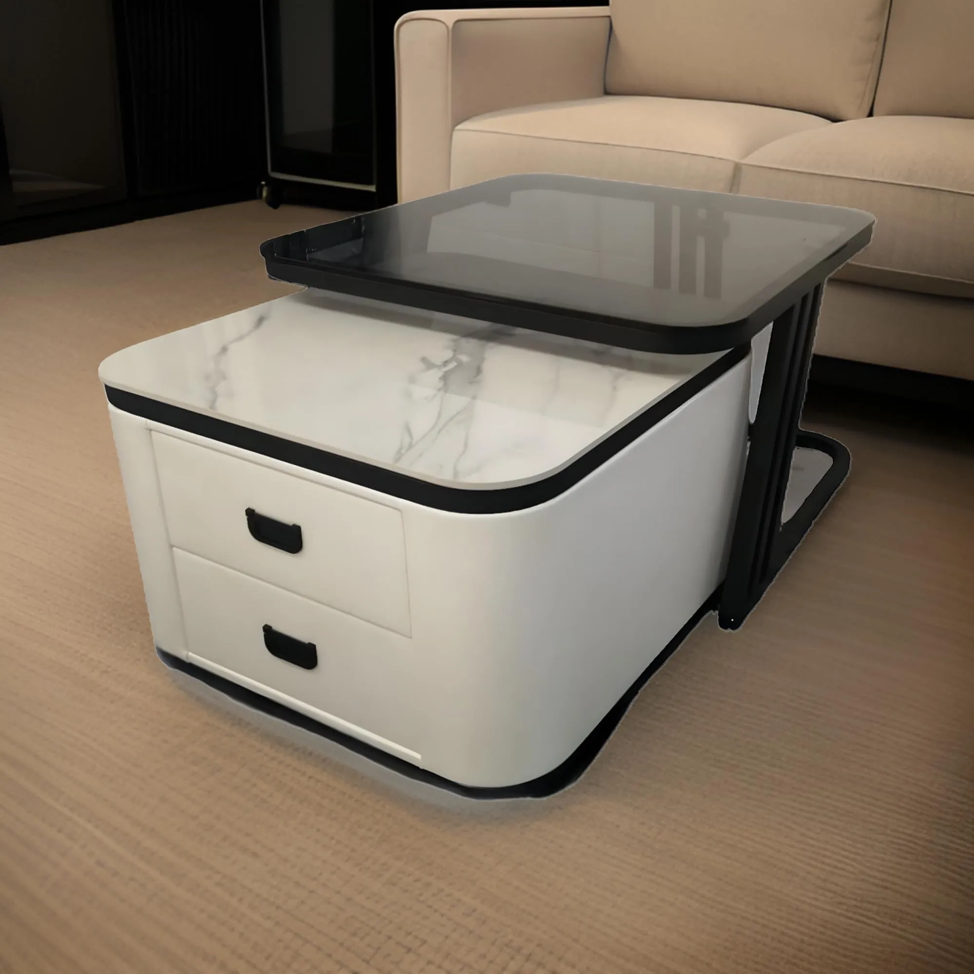 Luxury Nesting Square Glass Top Coffee Table With Marble Top Drawer Table