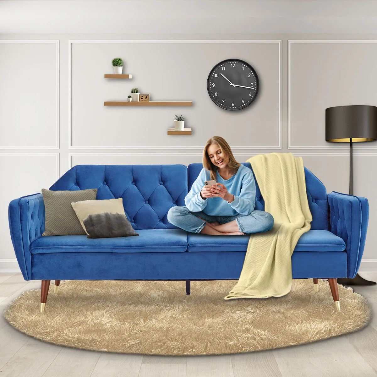 Marissa 2-Seater Faux Velvet Tufted Futon Sofa Bed Couch - Blue