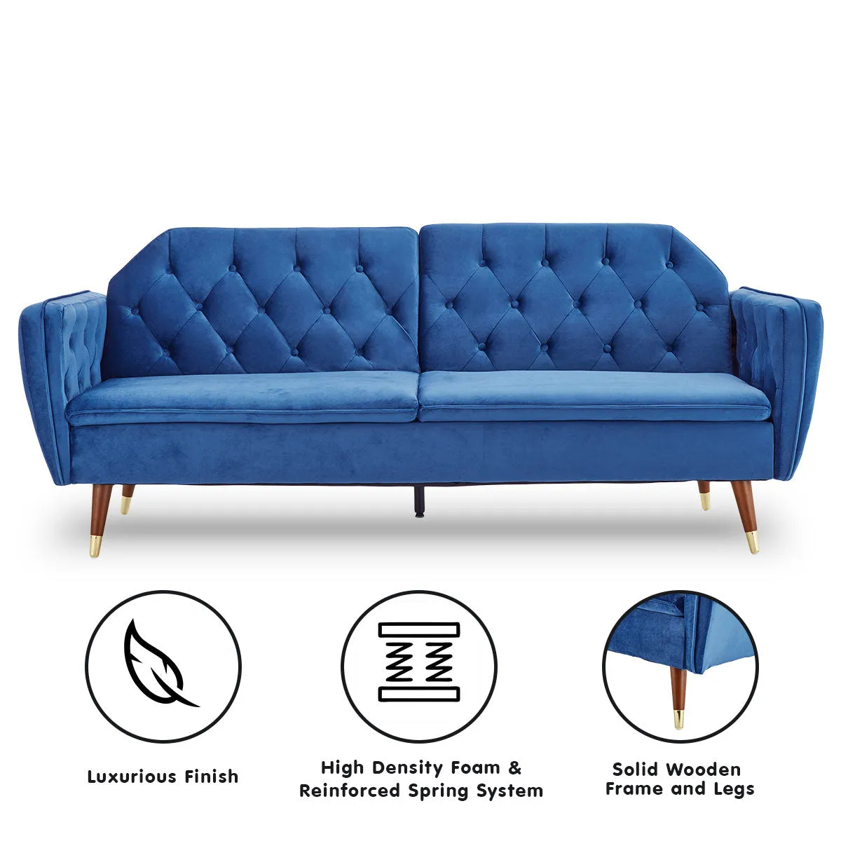 Marissa 2-Seater Faux Velvet Tufted Futon Sofa Bed Couch - Blue