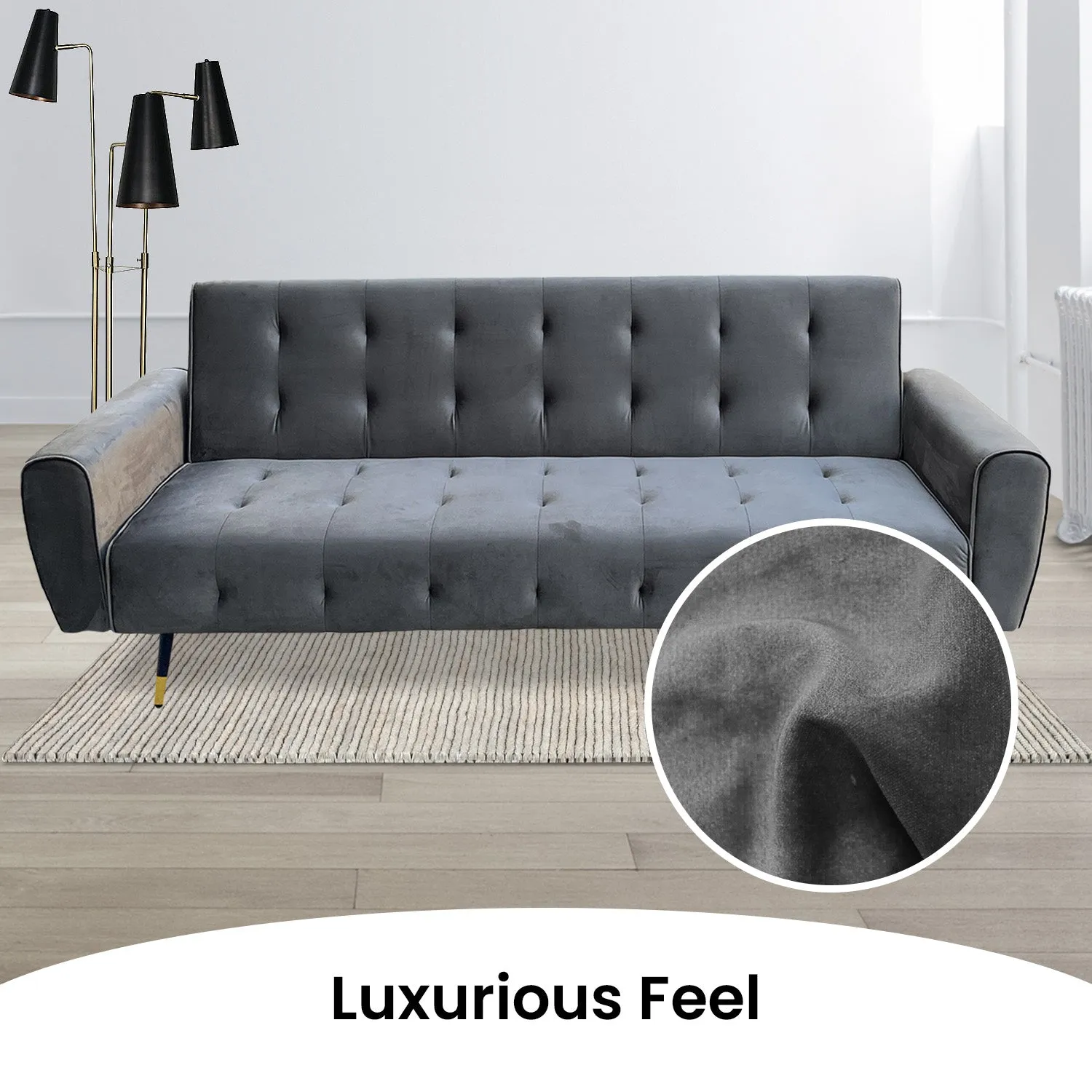 Milli 3-Seater Tufted Velvet Sofa Bed - Dark Grey