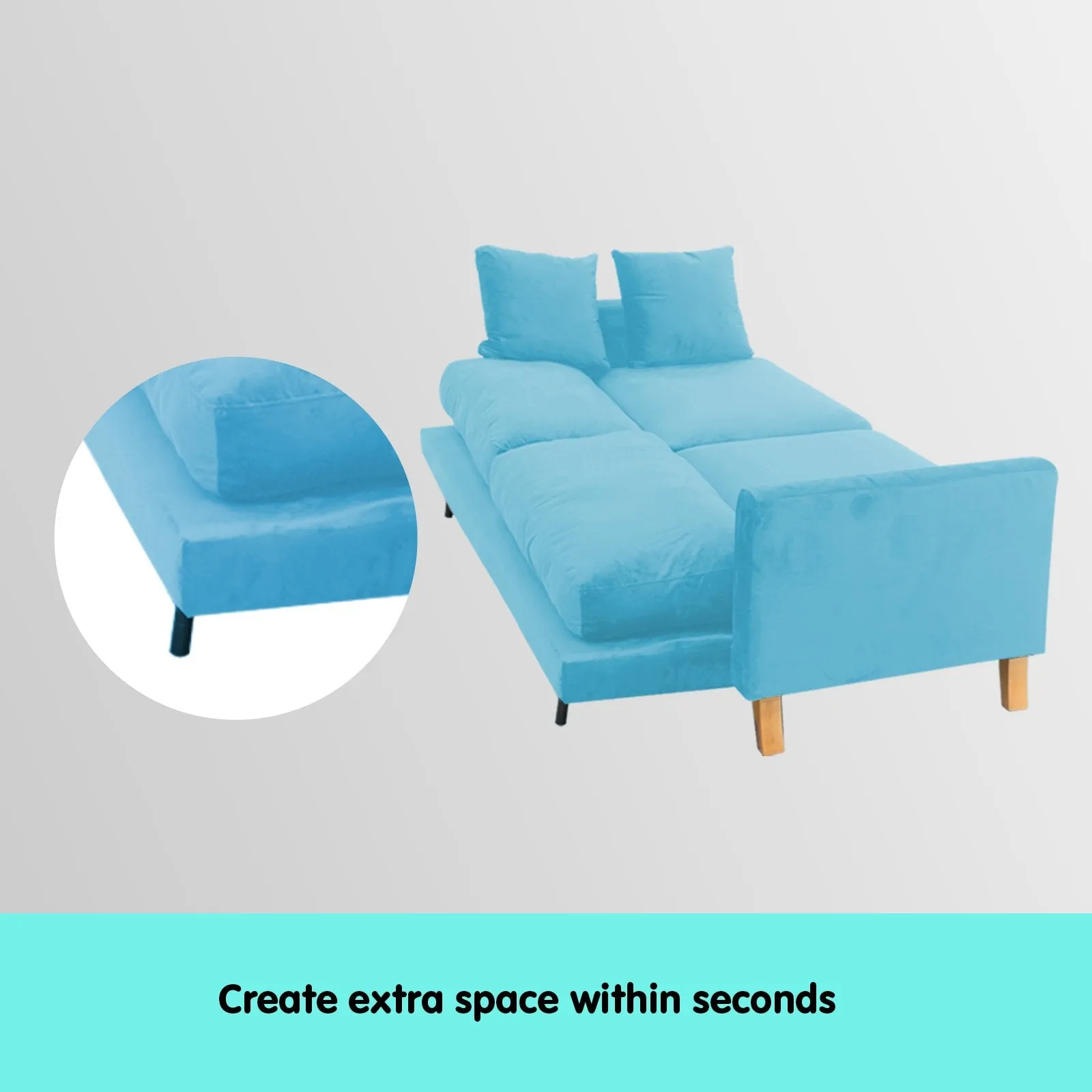 Molly 3-Seater Faux Velvet Wooden Sofa Bed Couch - Blue