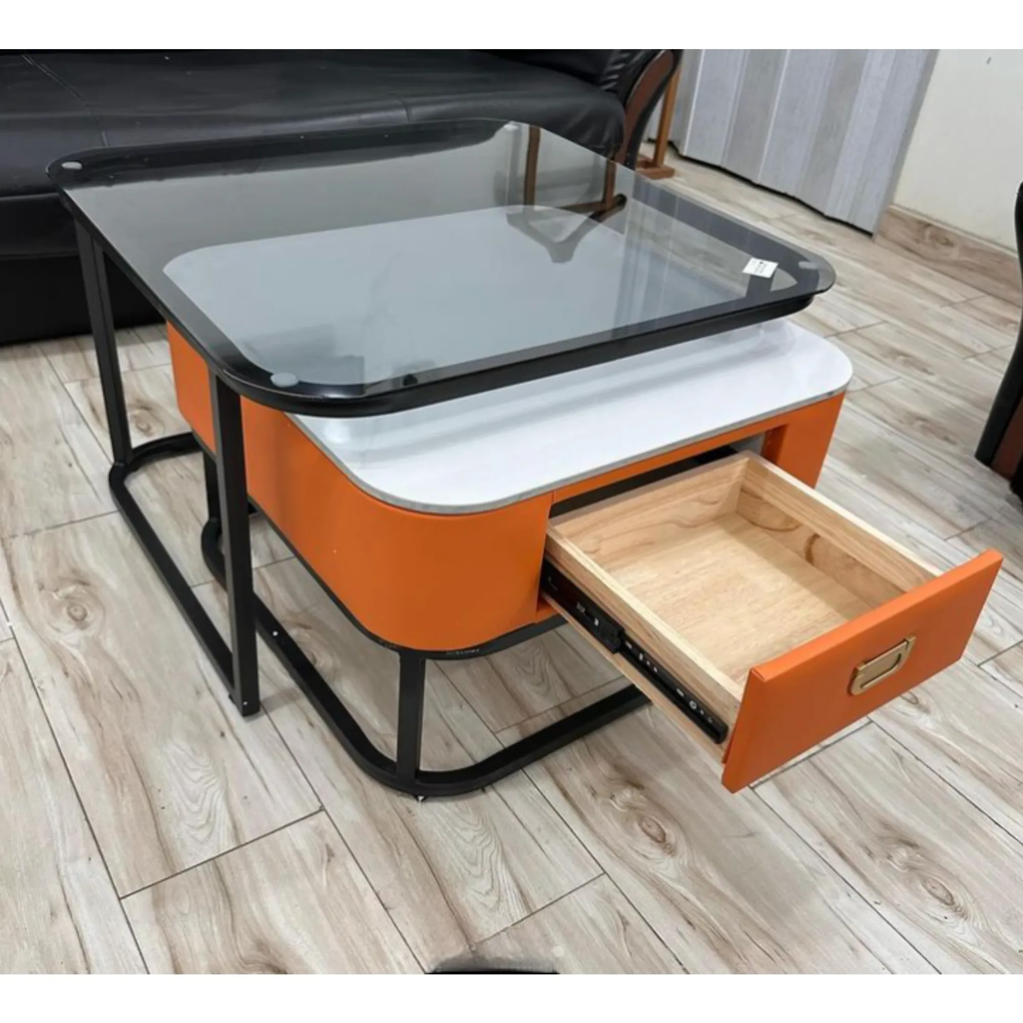 Nesting Square Glass Top Coffee Table With Marble Top Drawer Table Xt-7 Black And Orange