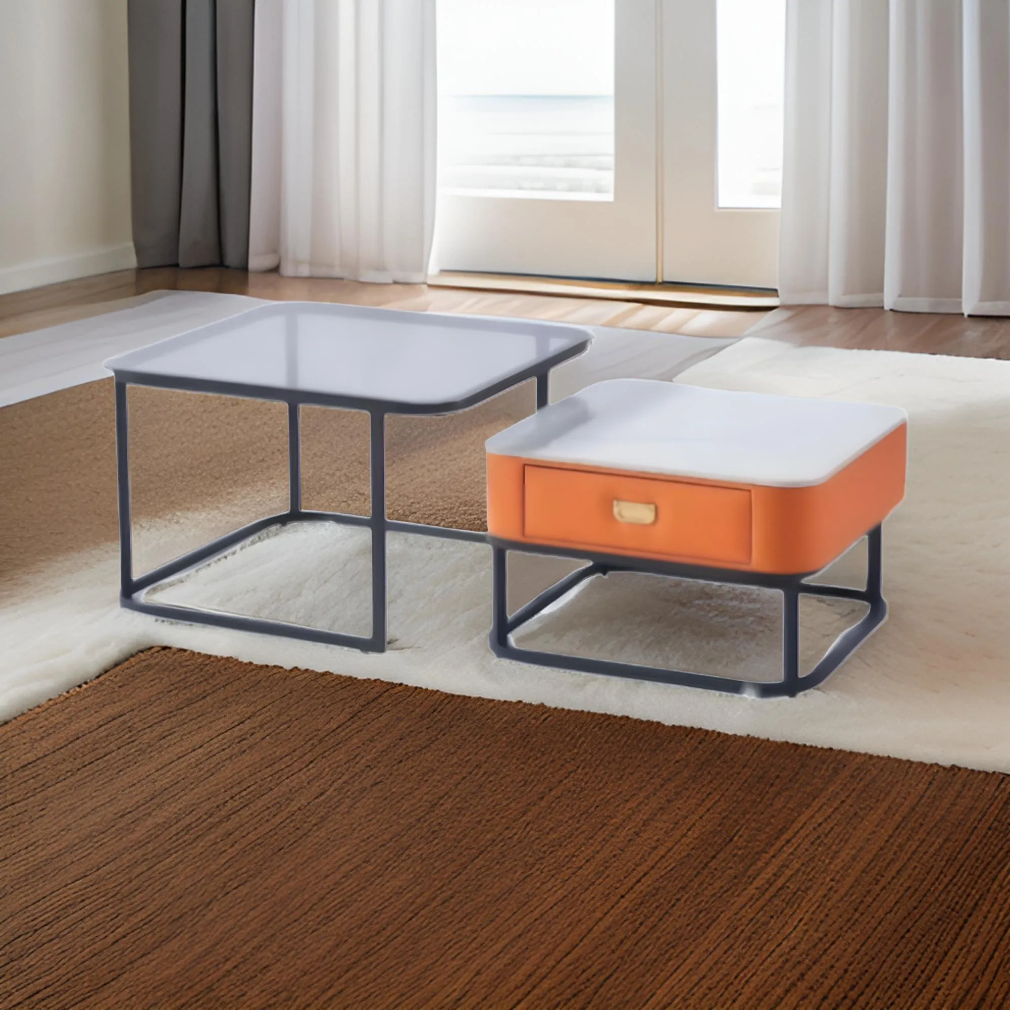 Nesting Square Glass Top Coffee Table With Marble Top Drawer Table Xt-7 Black And Orange