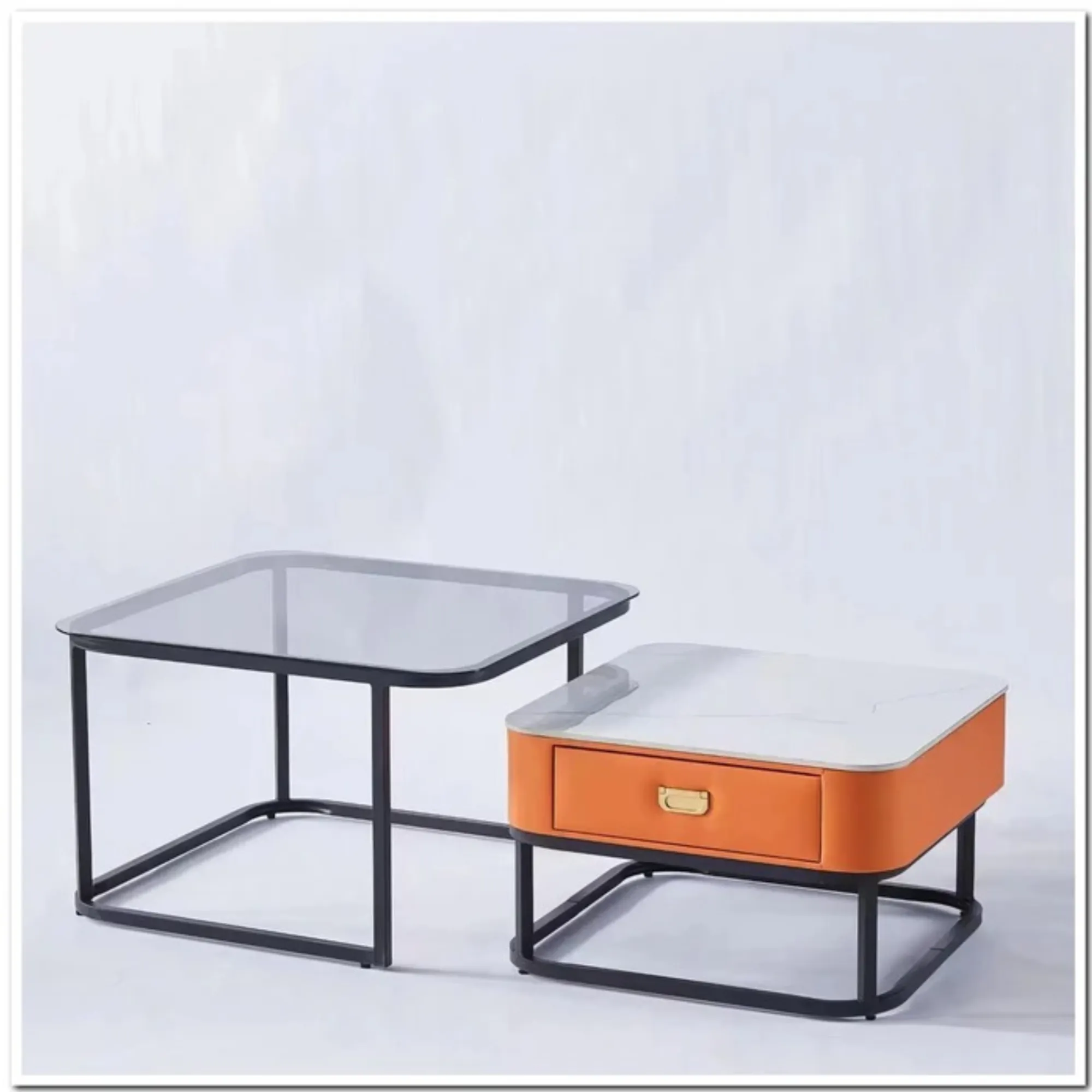 Nesting Square Glass Top Coffee Table With Marble Top Drawer Table Xt-7 Black And Orange