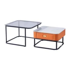 Nesting Square Glass Top Coffee Table With Marble Top Drawer Table Xt-7 Black And Orange