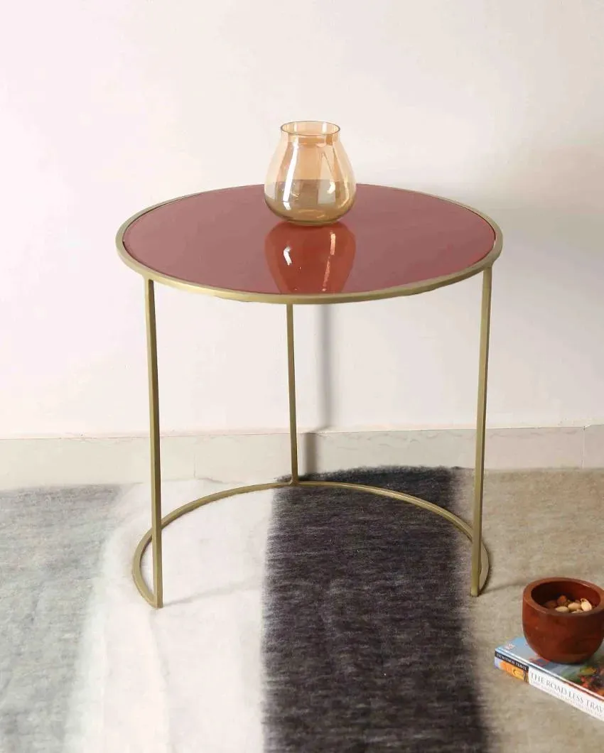 Pale Ruby Color Glass Top Nesting Tables | Set Of 2