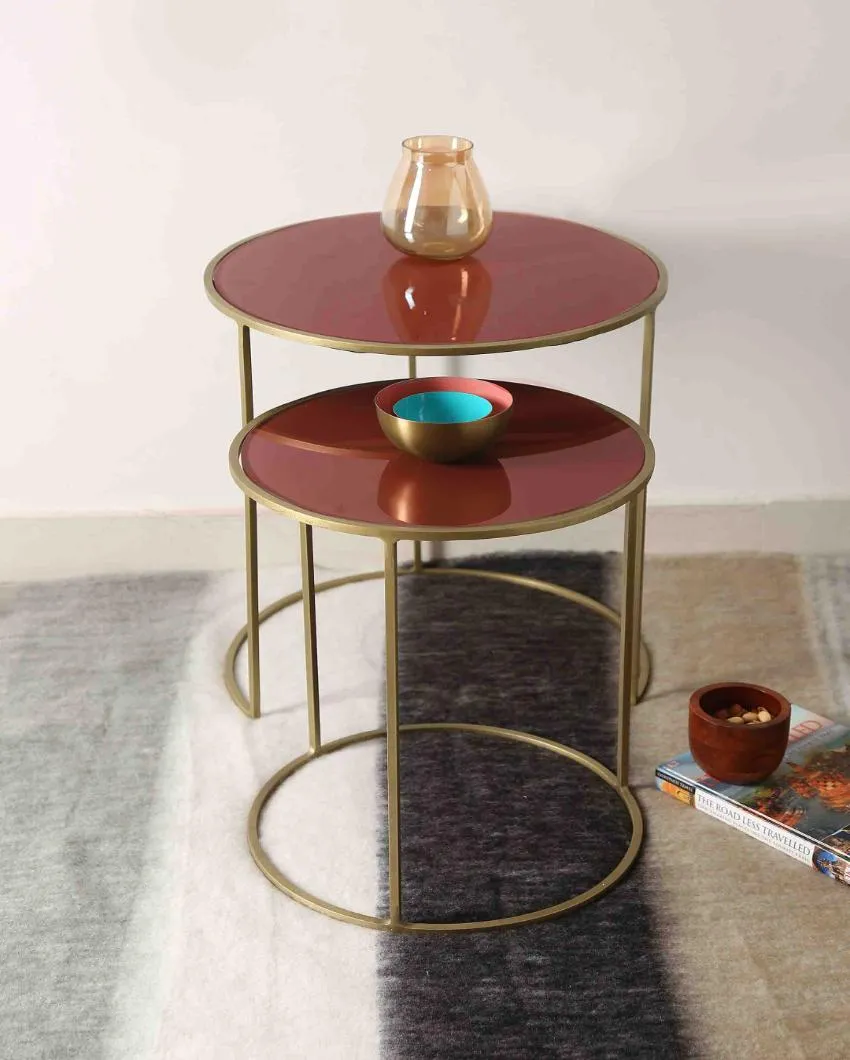 Pale Ruby Color Glass Top Nesting Tables | Set Of 2