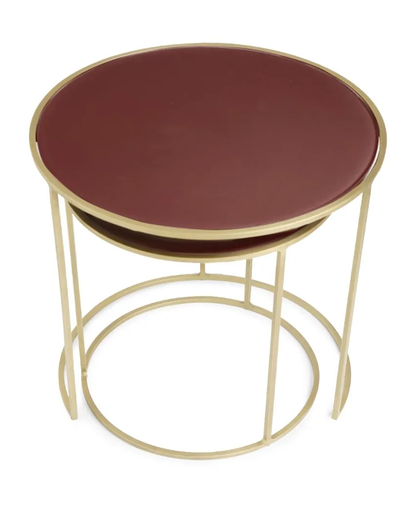 Pale Ruby Color Glass Top Nesting Tables | Set Of 2