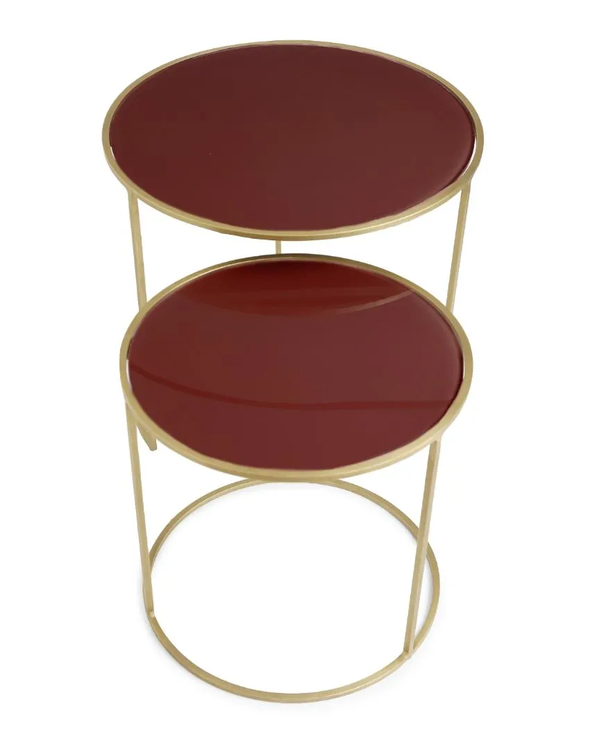 Pale Ruby Color Glass Top Nesting Tables | Set Of 2