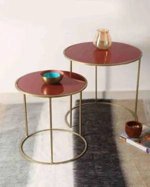 Pale Ruby Color Glass Top Nesting Tables | Set Of 2