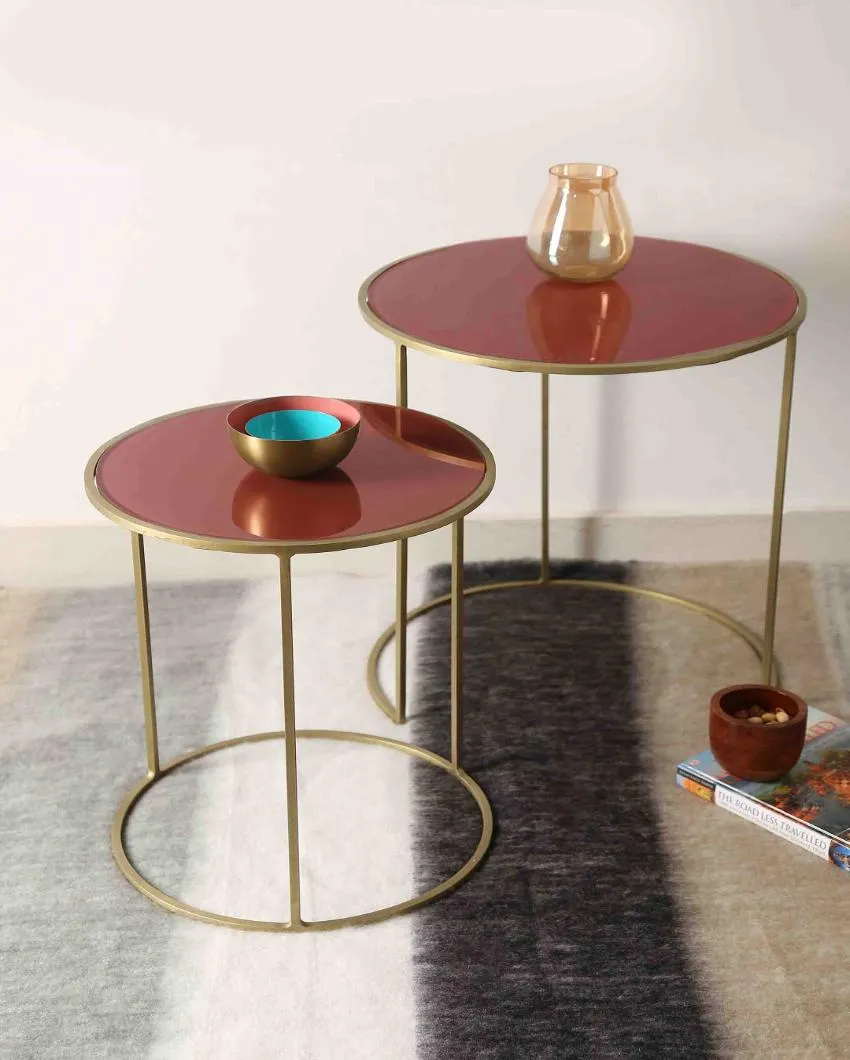 Pale Ruby Color Glass Top Nesting Tables | Set Of 2